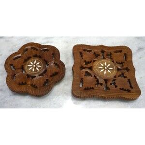 Vtg Boho Chic Trivets Hand Carved Wood India Footed Inlayed Hot Dishes set of 2
